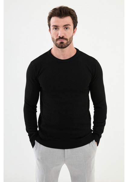 Desenli Siyah Slim Fit Bisiklet Yaka Erkek Triko Kazak