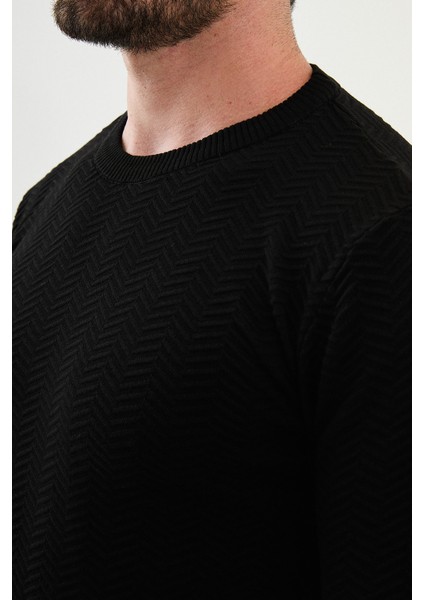 Desenli Siyah Slim Fit Bisiklet Yaka Erkek Triko Kazak