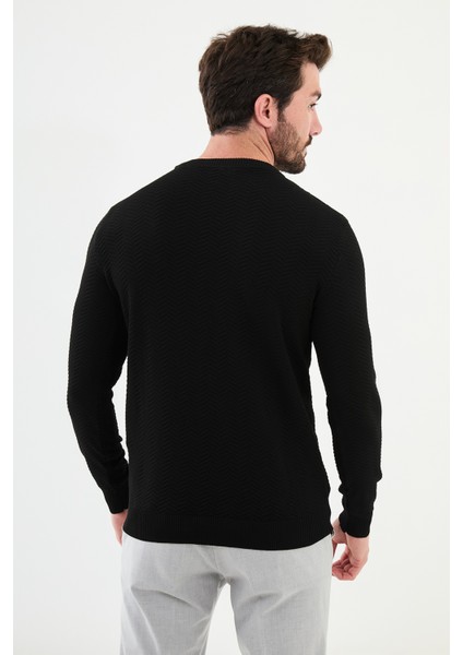 Desenli Siyah Slim Fit Bisiklet Yaka Erkek Triko Kazak