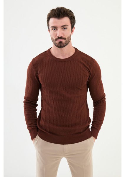 Desenli Kiremit Rengi Slim Fit Bisiklet Yaka Erkek Triko Kazak