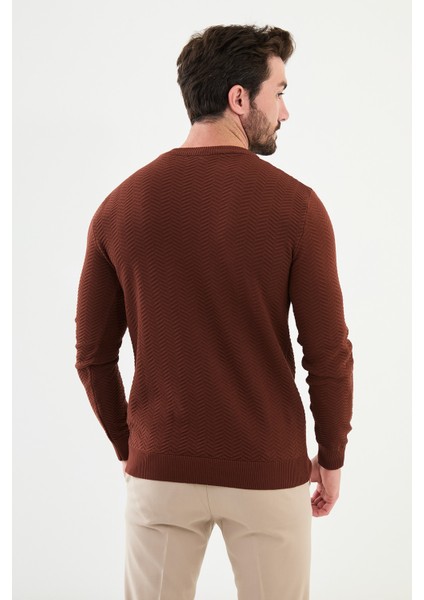 Desenli Kiremit Rengi Slim Fit Bisiklet Yaka Erkek Triko Kazak modelleri