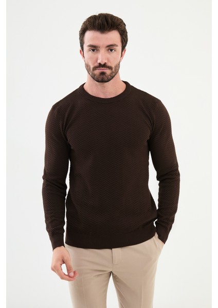 Desenli Kahverengi Slim Fit Bisiklet Yaka Erkek Triko Kazak