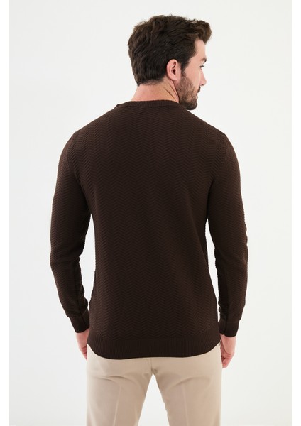Desenli Kahverengi Slim Fit Bisiklet Yaka Erkek Triko Kazak modelleri