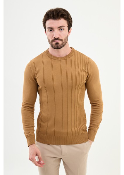 Çizgili Kamel Rengi Slim Fit Bisiklet Yaka Erkek Triko Kazak