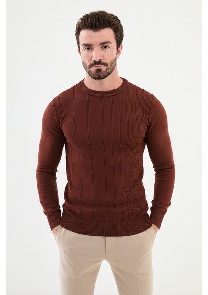Çizgili Kiremit Rengi Slim Fit Bisiklet Yaka Erkek Triko Kazak