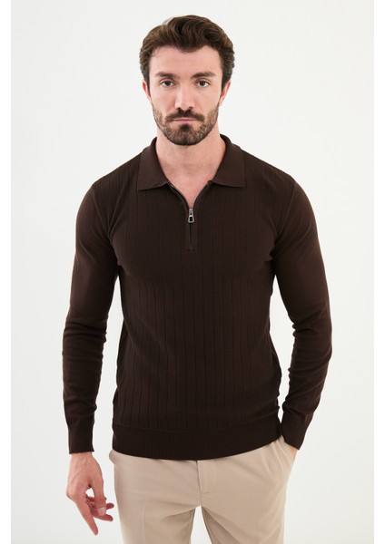 Desenli Kahverengi Slim Fit Fermuarlı Polo Yaka Erkek Triko Kazak