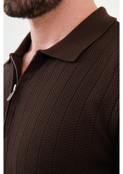 Desenli Kahverengi Slim Fit Fermuarlı Polo Yaka Erkek Triko Kazak fiyatları