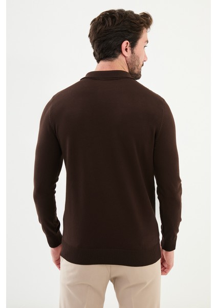 Desenli Kahverengi Slim Fit Fermuarlı Polo Yaka Erkek Triko Kazak modelleri
