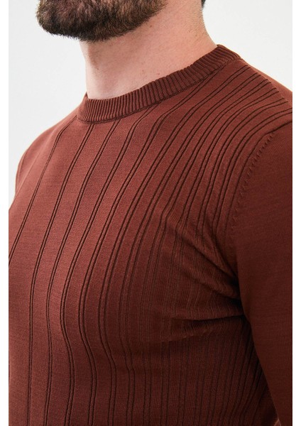 Çizgili Kiremit Rengi Slim Fit Bisiklet Yaka Erkek Triko Kazak fiyatları