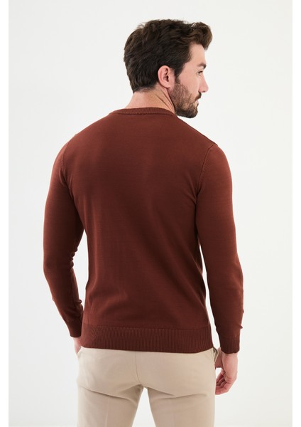 Çizgili Kiremit Rengi Slim Fit Bisiklet Yaka Erkek Triko Kazak modelleri