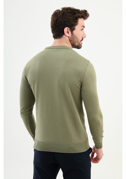 Çizgili Haki Slim Fit Bisiklet Yaka Erkek Triko Kazak