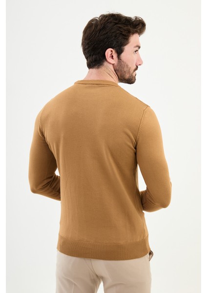 Çizgili Kamel Rengi Slim Fit Bisiklet Yaka Erkek Triko Kazak