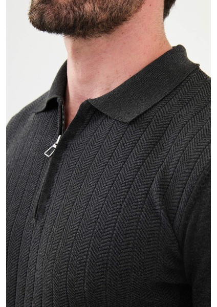 Desenli Antrasit Slim Fit Fermuarlı Polo Yaka Erkek Triko Kazak fiyatları