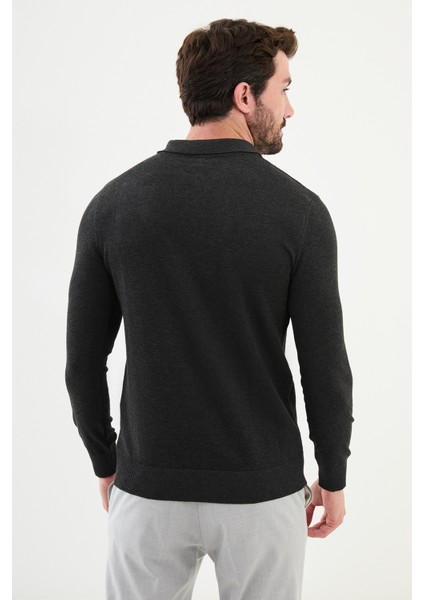 Desenli Antrasit Slim Fit Fermuarlı Polo Yaka Erkek Triko Kazak modelleri