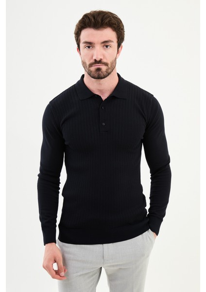 Çizgili Lacivert Slim Fit Polo Yaka Erkek Triko Kazak