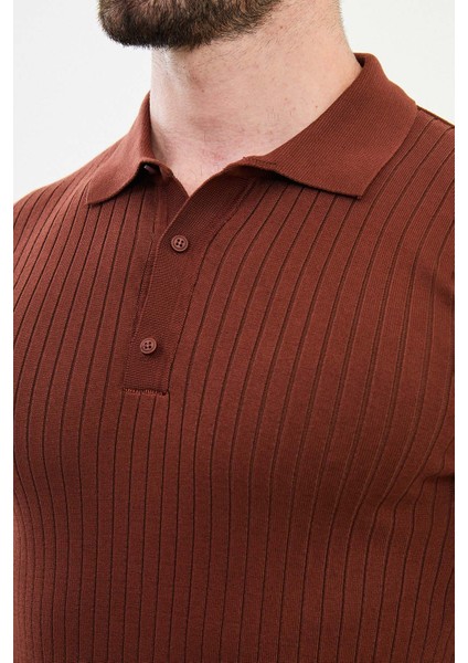 Çizgili Kiremit Rengi Slim Fit Polo Yaka Erkek Triko Kazak