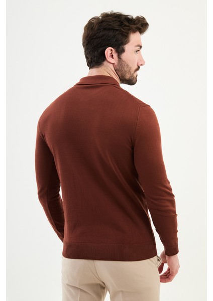 Çizgili Kiremit Rengi Slim Fit Polo Yaka Erkek Triko Kazak