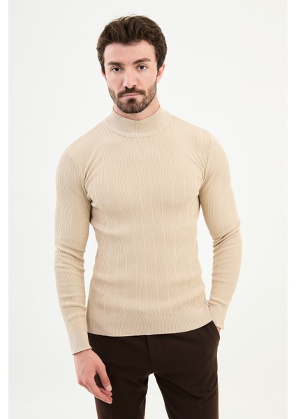 Çizgili Bej Slim Fit Yarım Balıkçı Yaka Erkek Triko Kazak