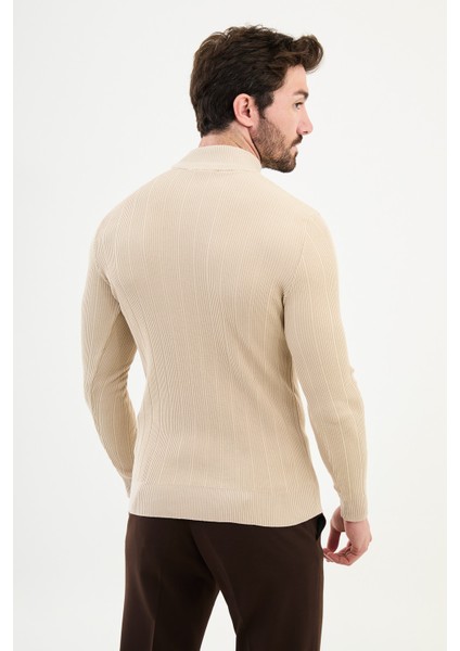 Çizgili Bej Slim Fit Yarım Balıkçı Yaka Erkek Triko Kazak modelleri