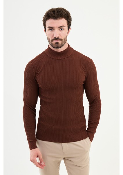 Çizgili Kiremit Rengi Slim Fit Yarım Balıkçı Yaka Erkek Triko Kazak