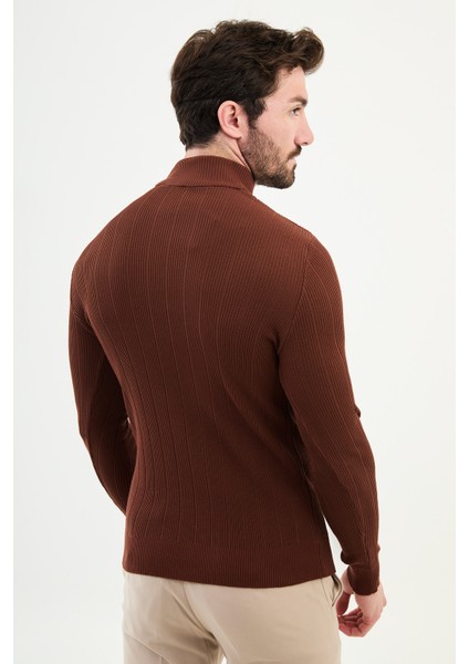 Çizgili Kiremit Rengi Slim Fit Yarım Balıkçı Yaka Erkek Triko Kazak