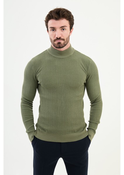 Çizgili Haki Slim Fit Yarım Balıkçı Yaka Erkek Triko Kazak