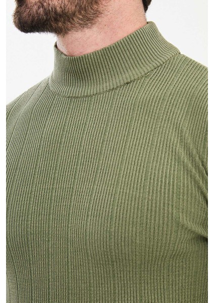 Çizgili Haki Slim Fit Yarım Balıkçı Yaka Erkek Triko Kazak fiyatları