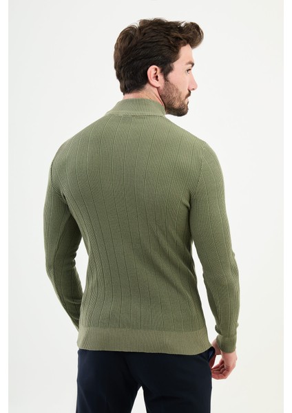 Çizgili Haki Slim Fit Yarım Balıkçı Yaka Erkek Triko Kazak modelleri