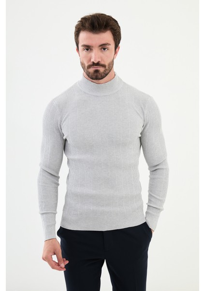Çizgili Açık Gri Slim Fit Yarım Balıkçı Yaka Erkek Triko Kazak
