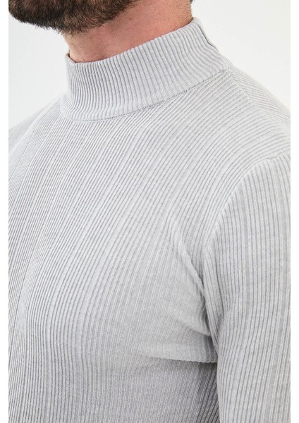 Çizgili Açık Gri Slim Fit Yarım Balıkçı Yaka Erkek Triko Kazak