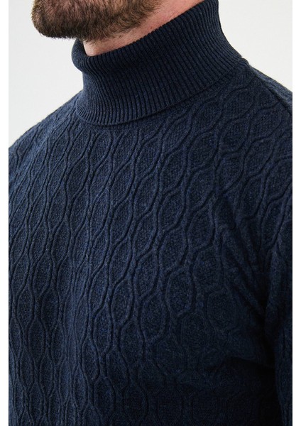 Desenli Lacivert Slim Fit Tam Balıkçı Yaka Erkek Triko Kazak fiyatları