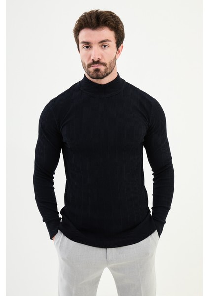 Çizgili Lacivert Slim Fit Yarım Balıkçı Yaka Erkek Triko Kazak