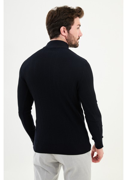 Çizgili Lacivert Slim Fit Yarım Balıkçı Yaka Erkek Triko Kazak modelleri