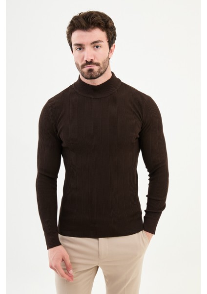 Çizgili Kahverengi Slim Fit Yarım Balıkçı Yaka Erkek Triko Kazak