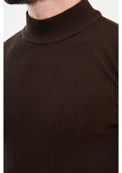Çizgili Kahverengi Slim Fit Yarım Balıkçı Yaka Erkek Triko Kazak fiyatları