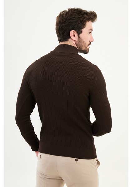 Çizgili Kahverengi Slim Fit Yarım Balıkçı Yaka Erkek Triko Kazak modelleri