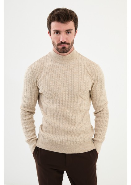 Desenli Bej Slim Fit Yarım Balıkçı Yaka Erkek Triko Kazak