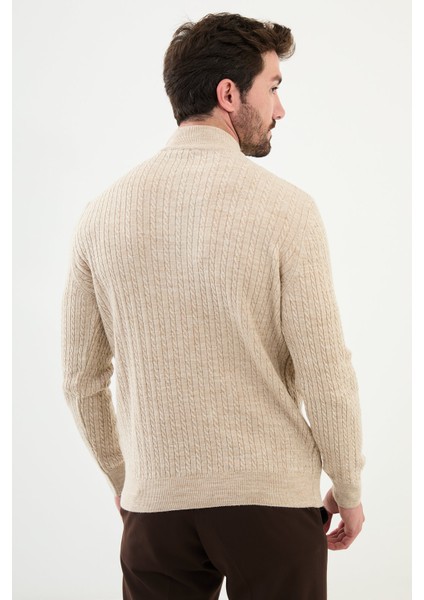 Desenli Bej Slim Fit Yarım Balıkçı Yaka Erkek Triko Kazak modelleri