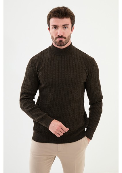 Desenli Kahverengi Slim Fit Yarım Balıkçı Yaka Erkek Triko Kazak