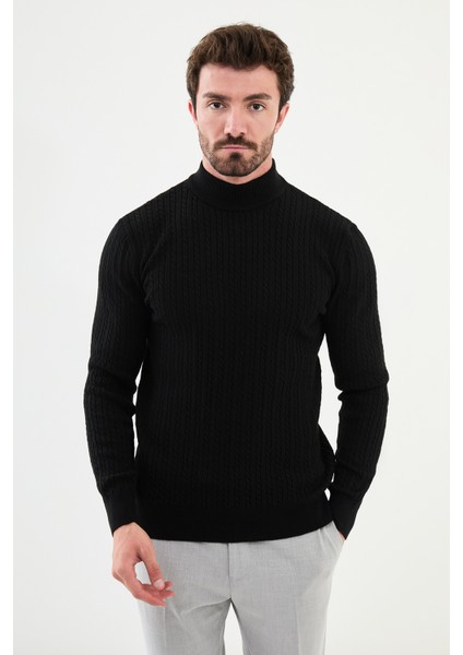 Desenli Siyah Slim Fit Yarım Balıkçı Yaka Erkek Triko Kazak