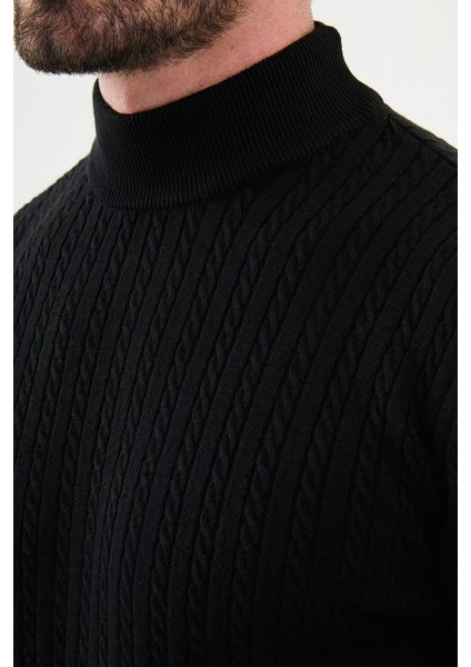 Desenli Siyah Slim Fit Yarım Balıkçı Yaka Erkek Triko Kazak