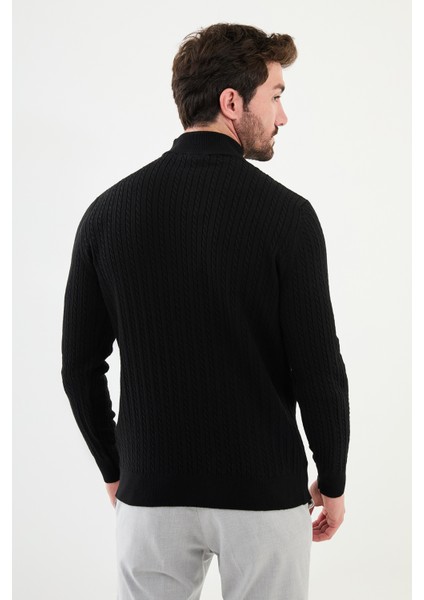 Desenli Siyah Slim Fit Yarım Balıkçı Yaka Erkek Triko Kazak