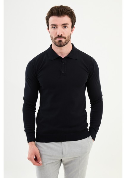 Düz Lacivert Slim Fit Polo Yaka Erkek Triko Kazak