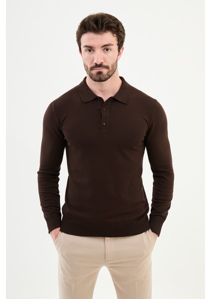 Düz Kahverengi Slim Fit Polo Yaka Erkek Triko Kazak