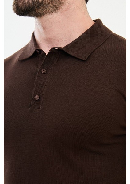Düz Kahverengi Slim Fit Polo Yaka Erkek Triko Kazak fiyatları