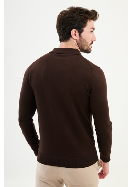 Düz Kahverengi Slim Fit Polo Yaka Erkek Triko Kazak modelleri