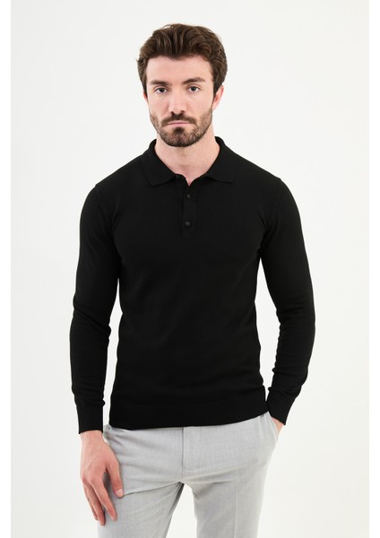 Düz Siyah Slim Fit Polo Yaka Erkek Triko Kazak