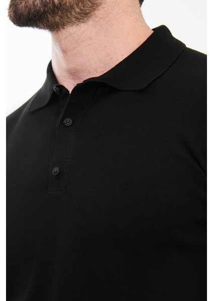 Düz Siyah Slim Fit Polo Yaka Erkek Triko Kazak fiyatları