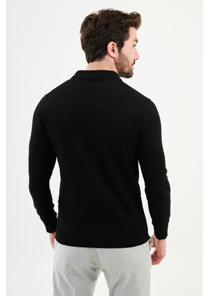Düz Siyah Slim Fit Polo Yaka Erkek Triko Kazak modelleri