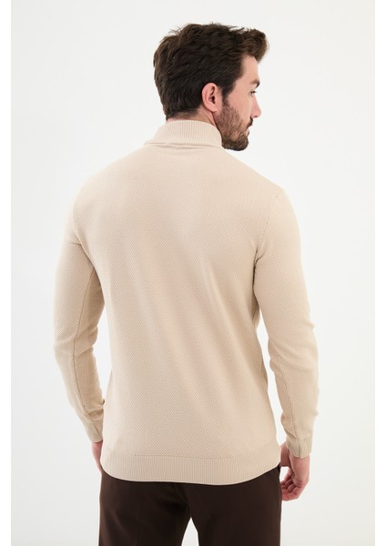 Dokulu Bej Slim Fit Yarım Balıkçı Yaka Erkek Triko Kazak modelleri